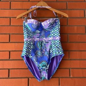 NWT SOCIAL ANGEL Women's Blue Purple Floral One Piece Swimsuit Size L